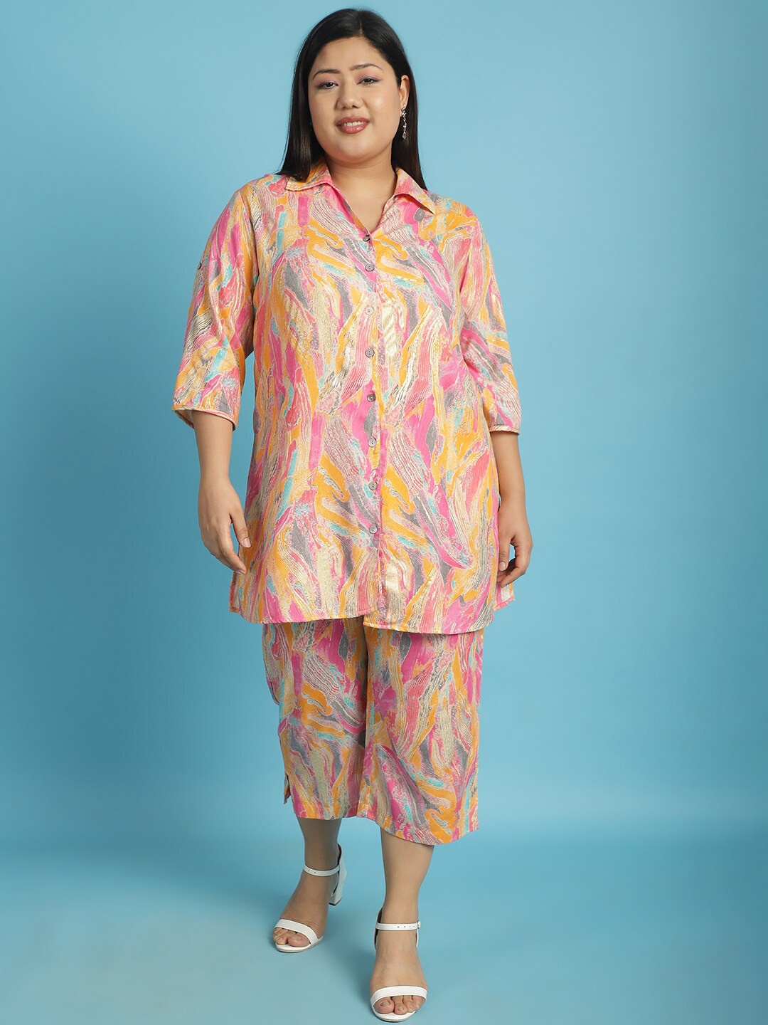 

theRebelinme Plus Size Printed Shirt with Capri, Pink