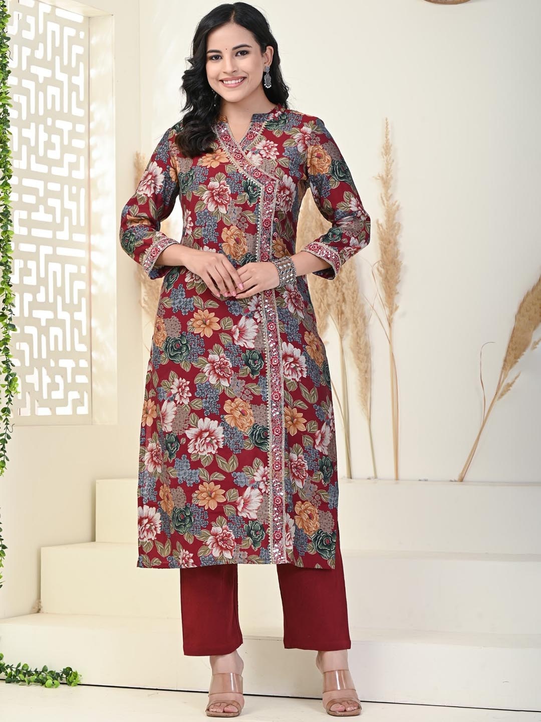 

KALINI Floral Printed Angrakha Pure Cotton Kurta with Trousers, Maroon