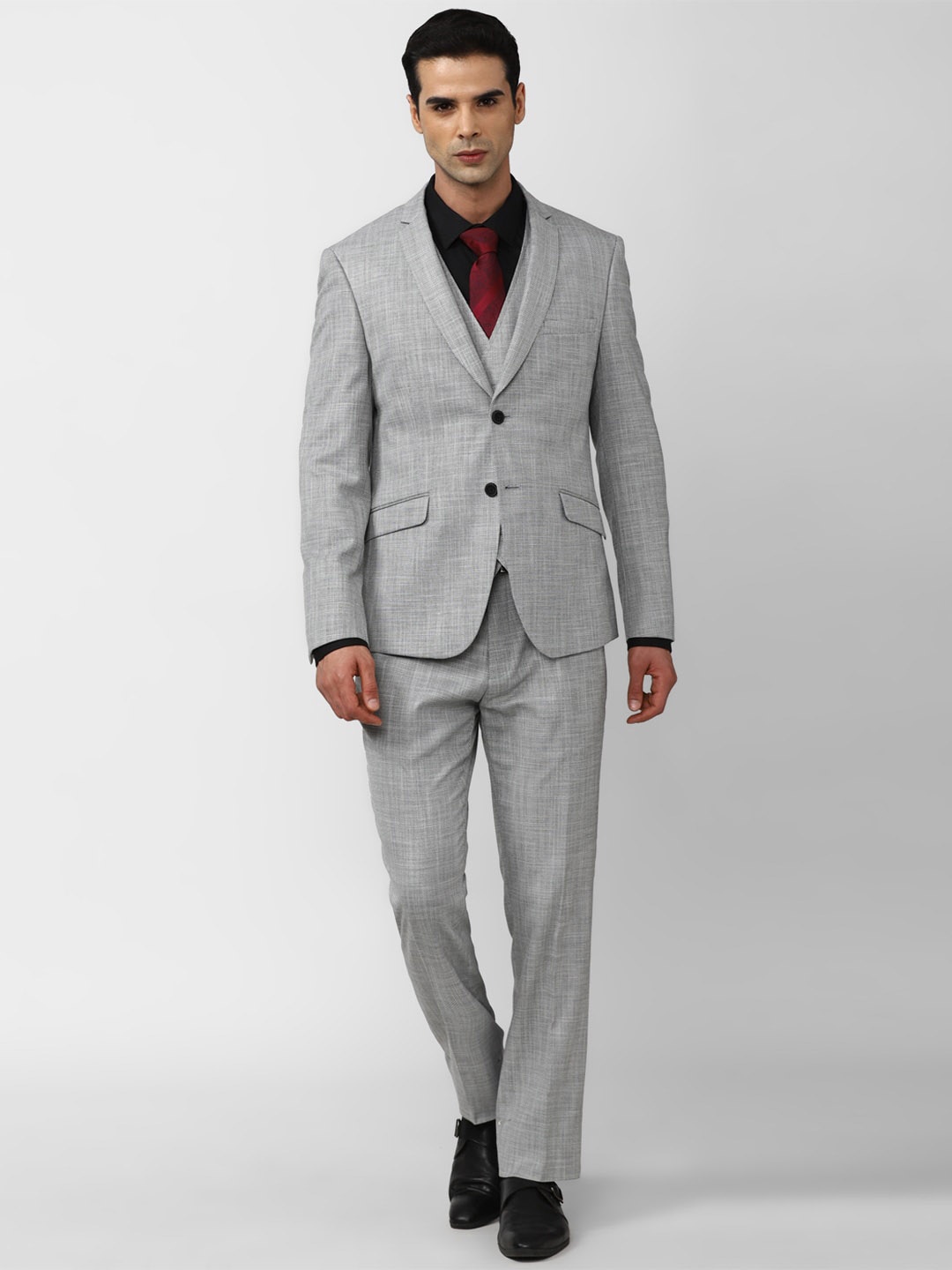 

V Dot Self-Design Slim-Fit Three-Piece Party Suit, Grey