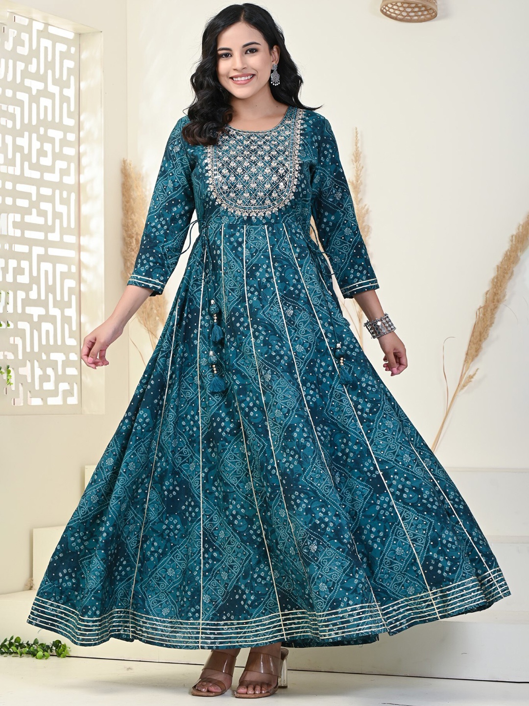 

KALINI Round Neck Bandhani Printed Mirror Work Cotton Anarkali Kurta, Turquoise blue