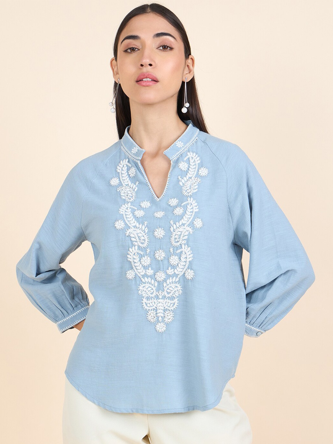 

Gipsy Mandarin Collar Embroidered Cotton Tunic, Blue