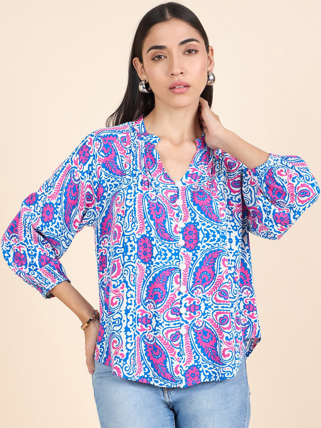 

Gipsy Paisley Printed Mandarin Collar Tunic, Blue