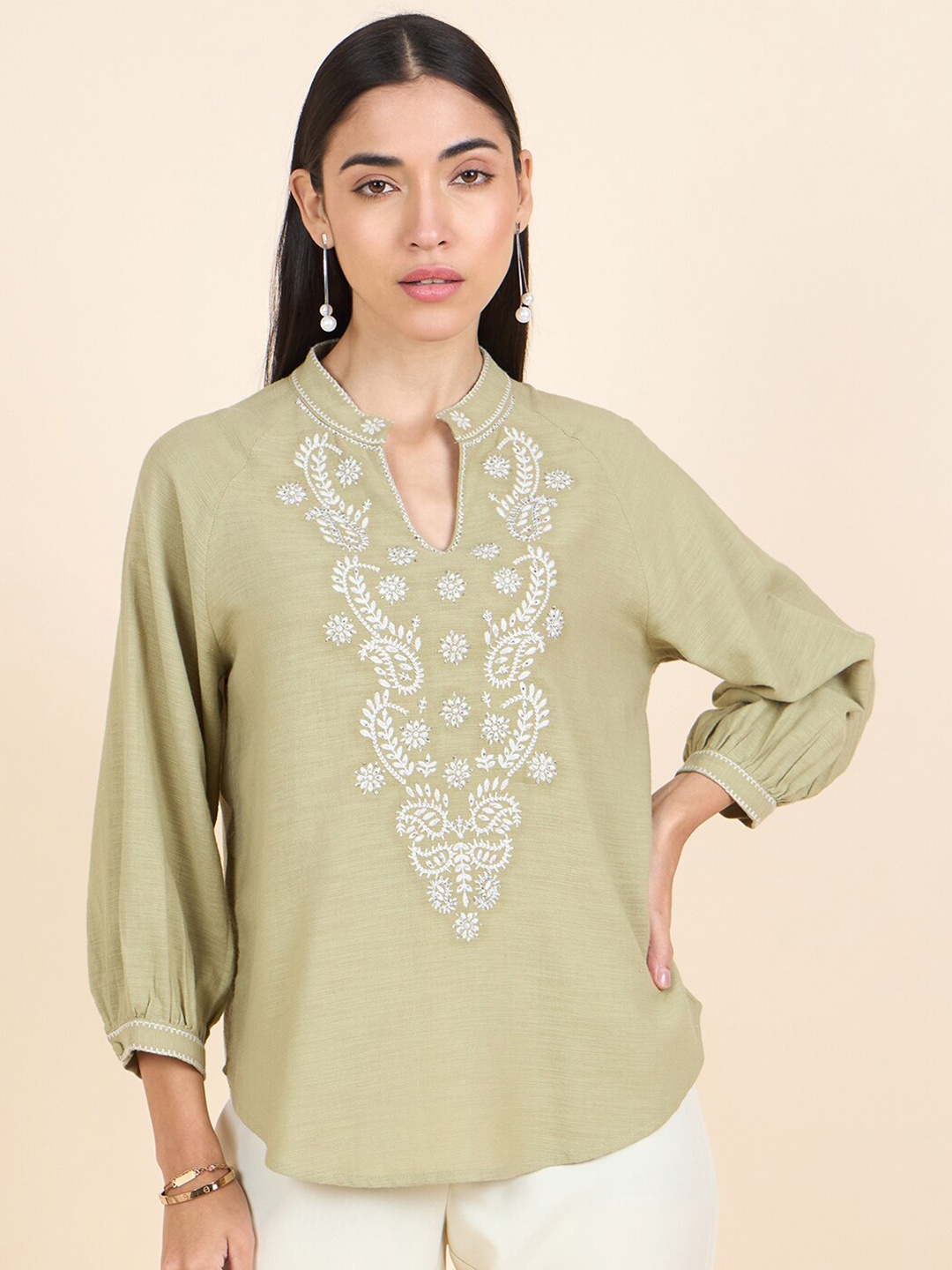 

Gipsy Embroidered Mandarin Collar Cotton Tunic, Olive