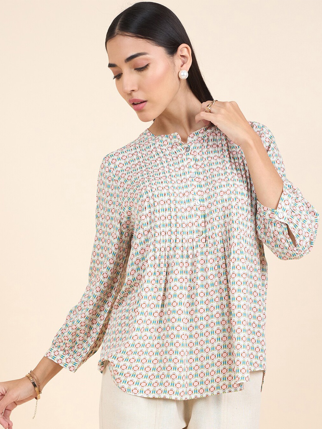 

Gipsy Floral Printed Mandarin Collar Printed Tunic, Cream
