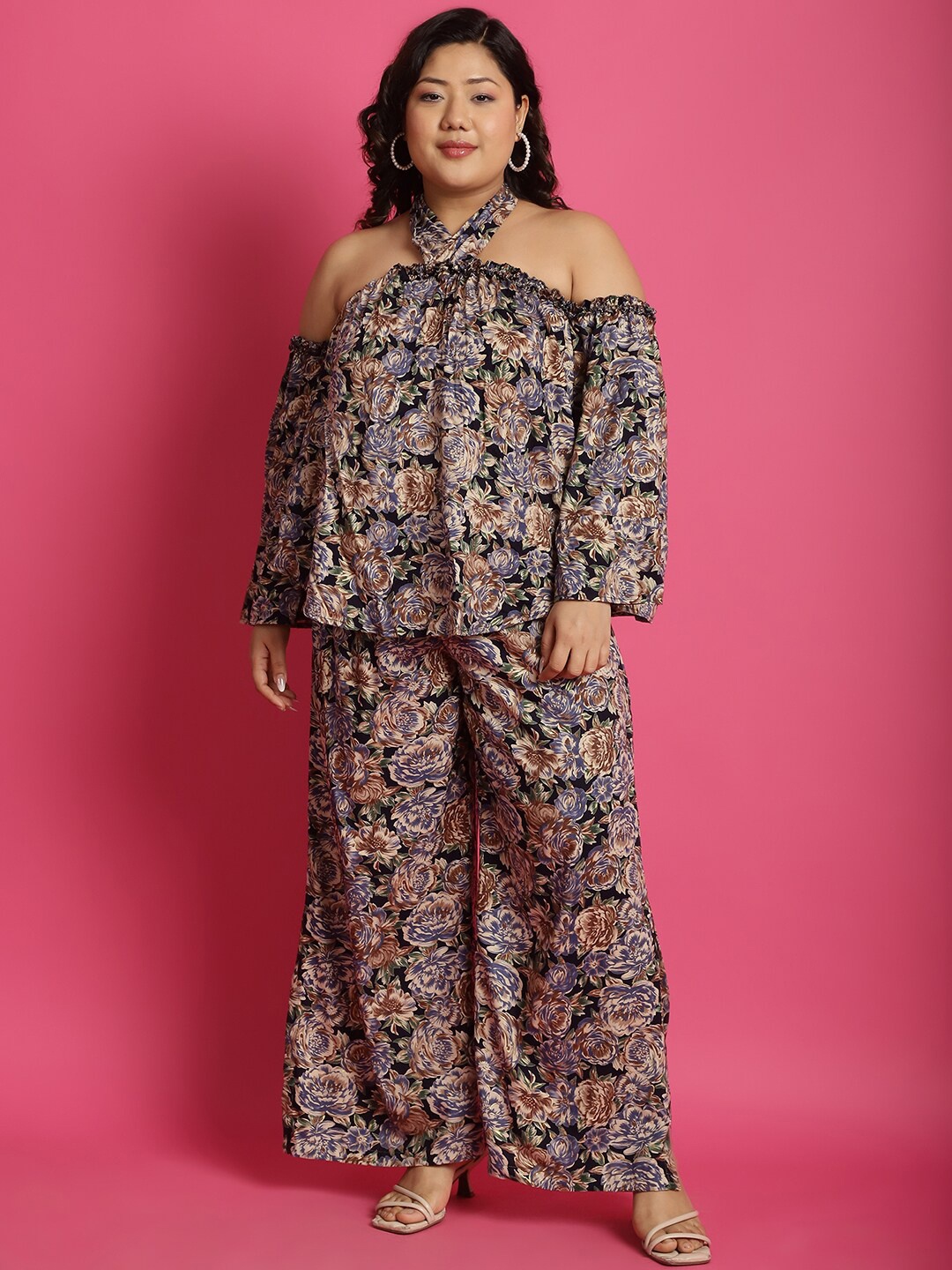 

theRebelinme Plus Size Floral Printed Halter Neck Top with Palazzos, Navy blue