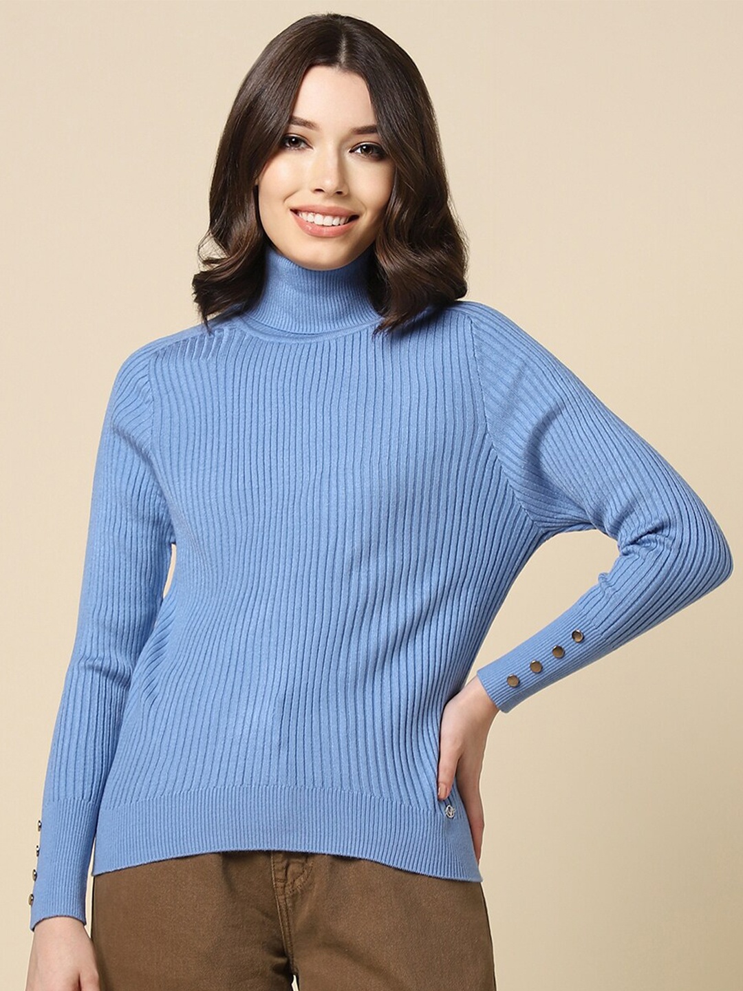 

Allen Solly Woman Ribbed Turtle Neck Pure Acrylic Pullover, Blue