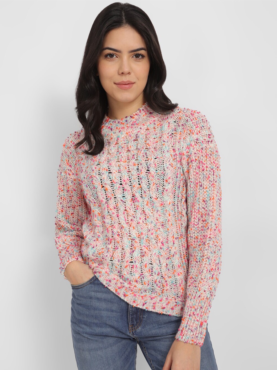 

Allen Solly Woman Cable Knit Self Design High Neck Pullover, Pink