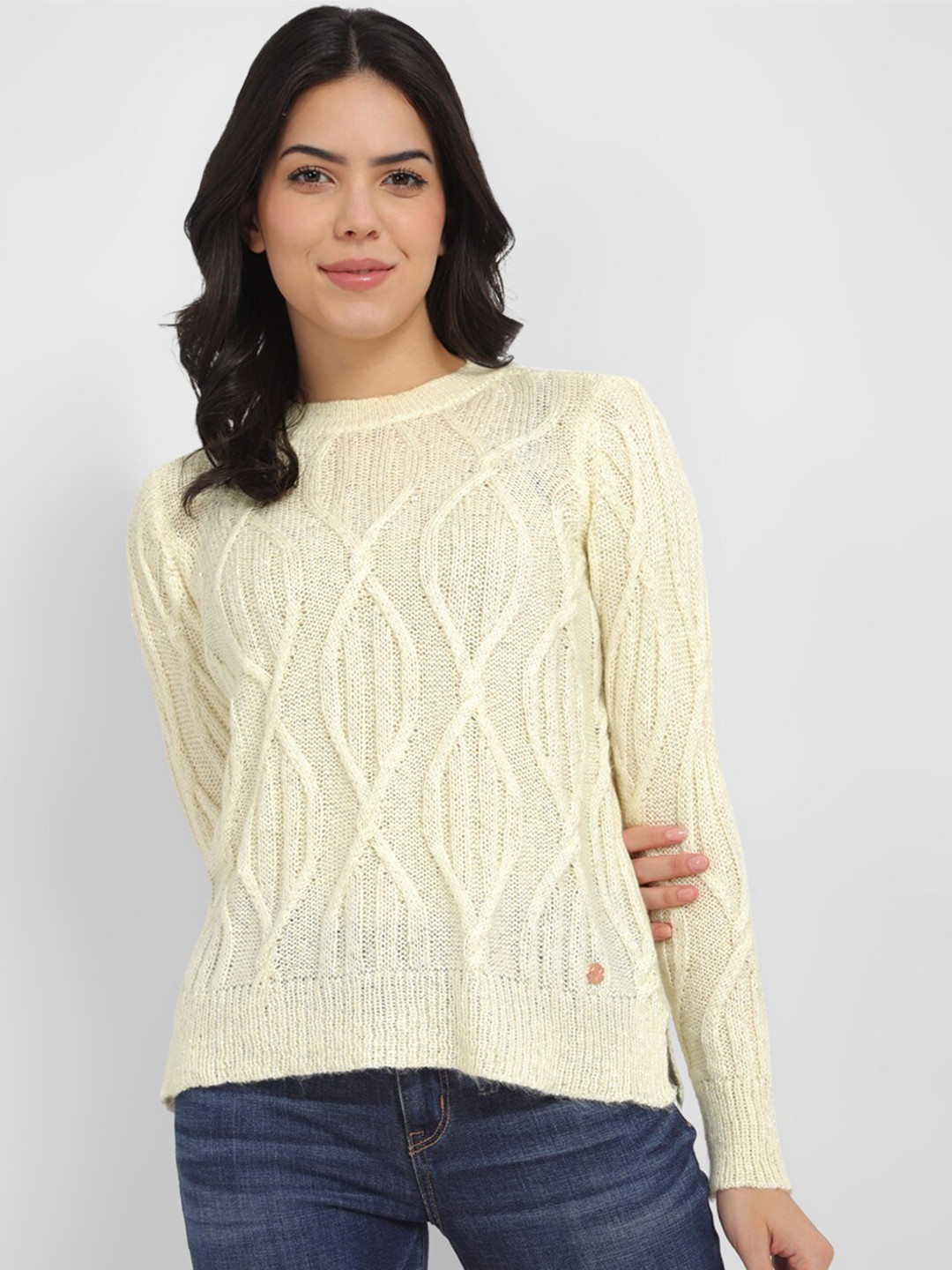 

Allen Solly Woman Cable Knit Self Design Pure Acrylic Pullover, Yellow