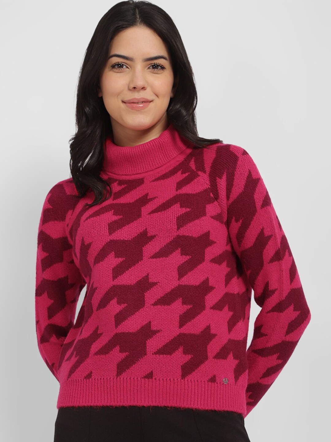 

Allen Solly Woman Geometric Printed Turtle Neck Pullover, Pink