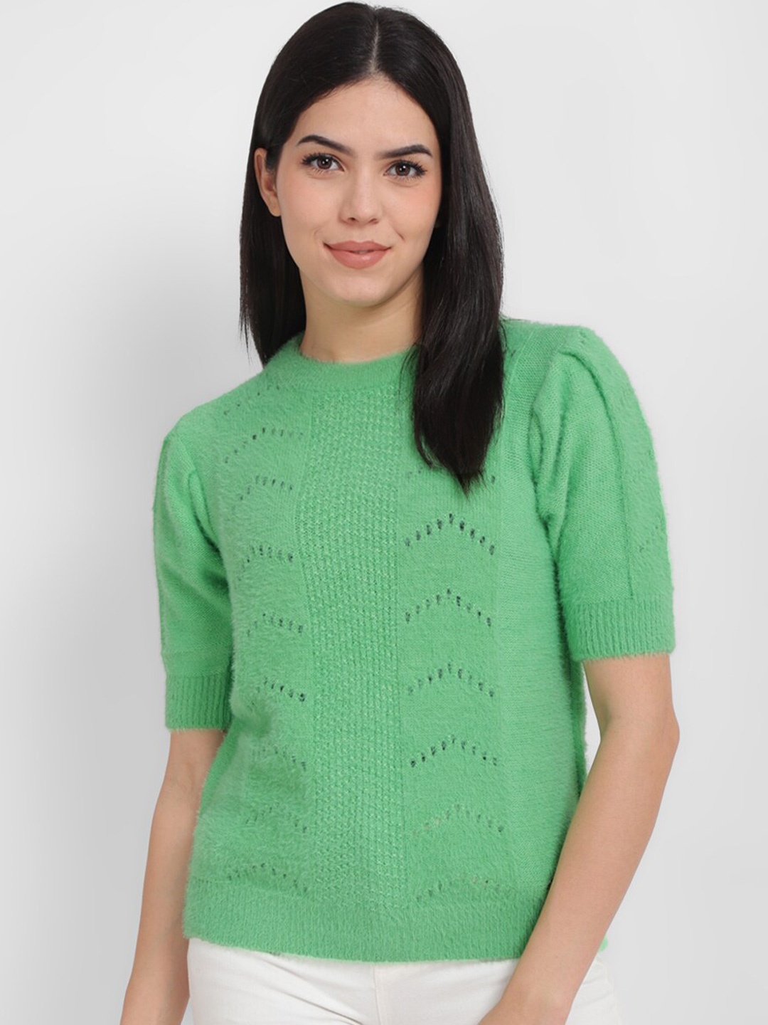 

Allen Solly Woman Open Knit Self Design Pure Acrylic Pullover, Green