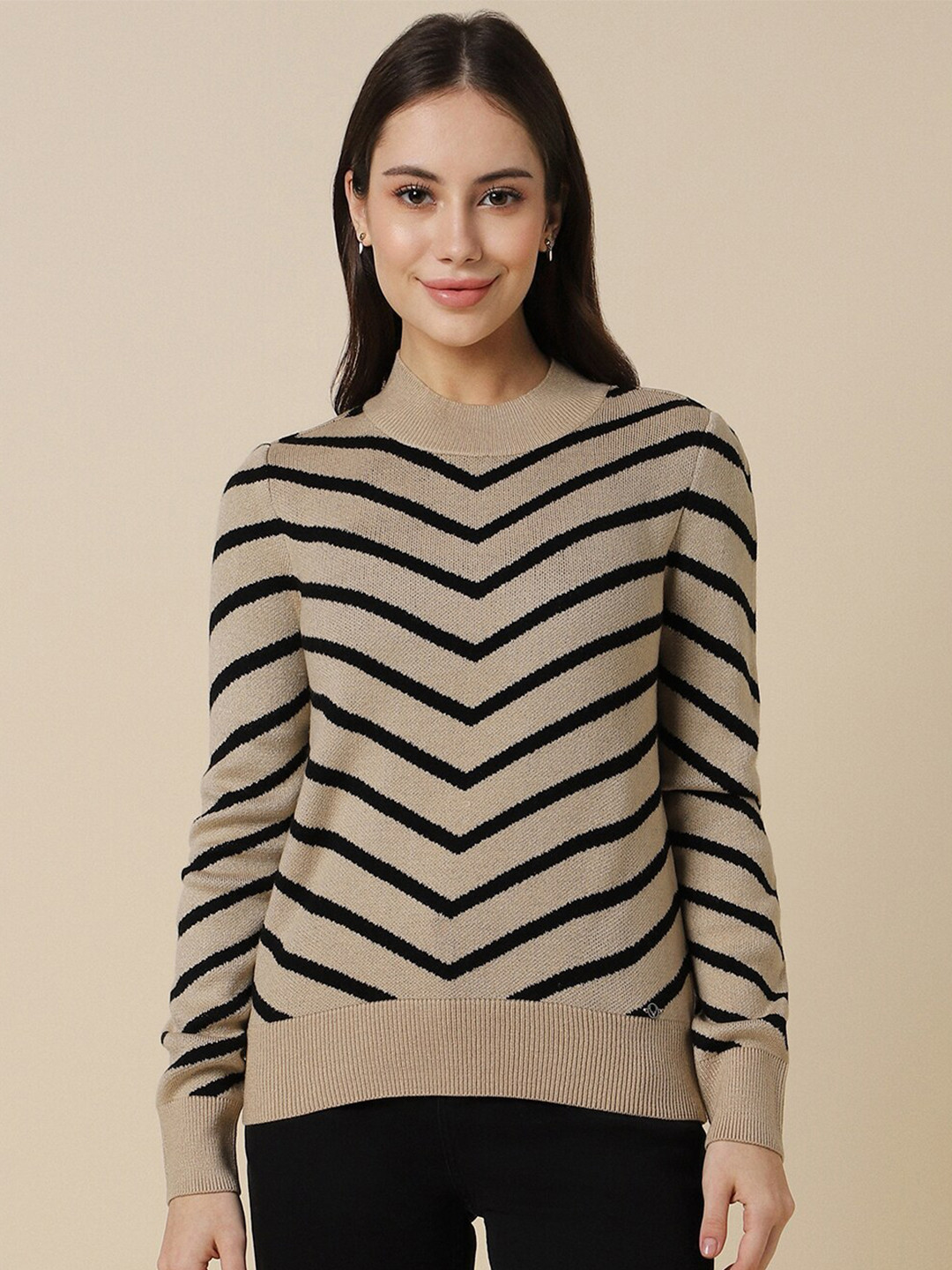 

Allen Solly Woman Striped High Neck Pure Acrylic Pullover, Beige