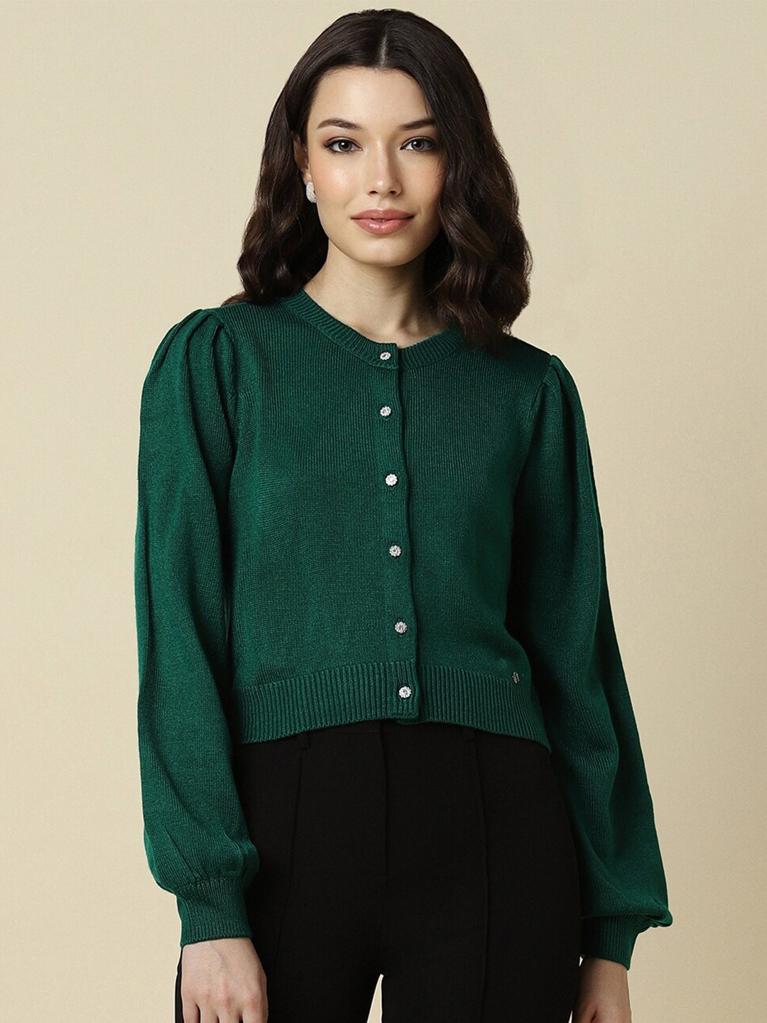 

Allen Solly Woman Striped Puff Sleeves Pure Acrylic Crop Cardigan, Green