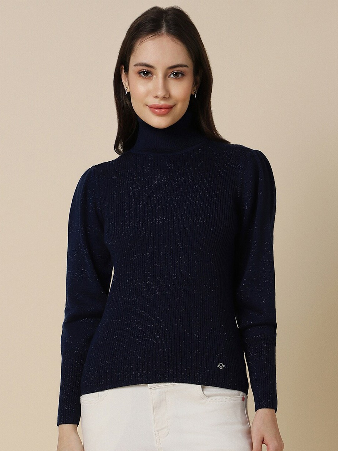 

Allen Solly Woman Ribbed Turtle Neck Wool Acrylic Pullover Sweater, Navy blue