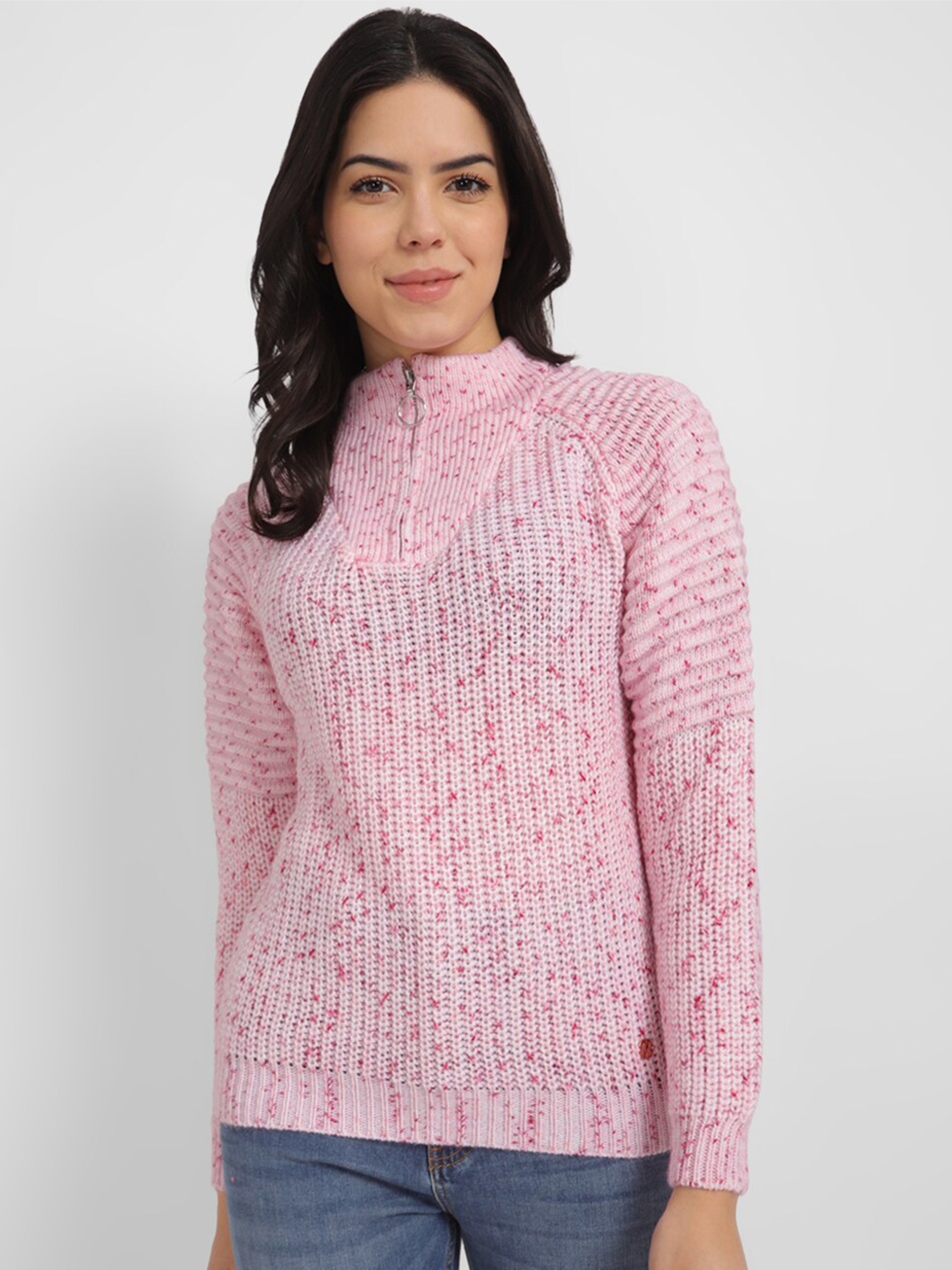 

Allen Solly Woman Open Knit Mock Collar Pullover Sweater, Pink