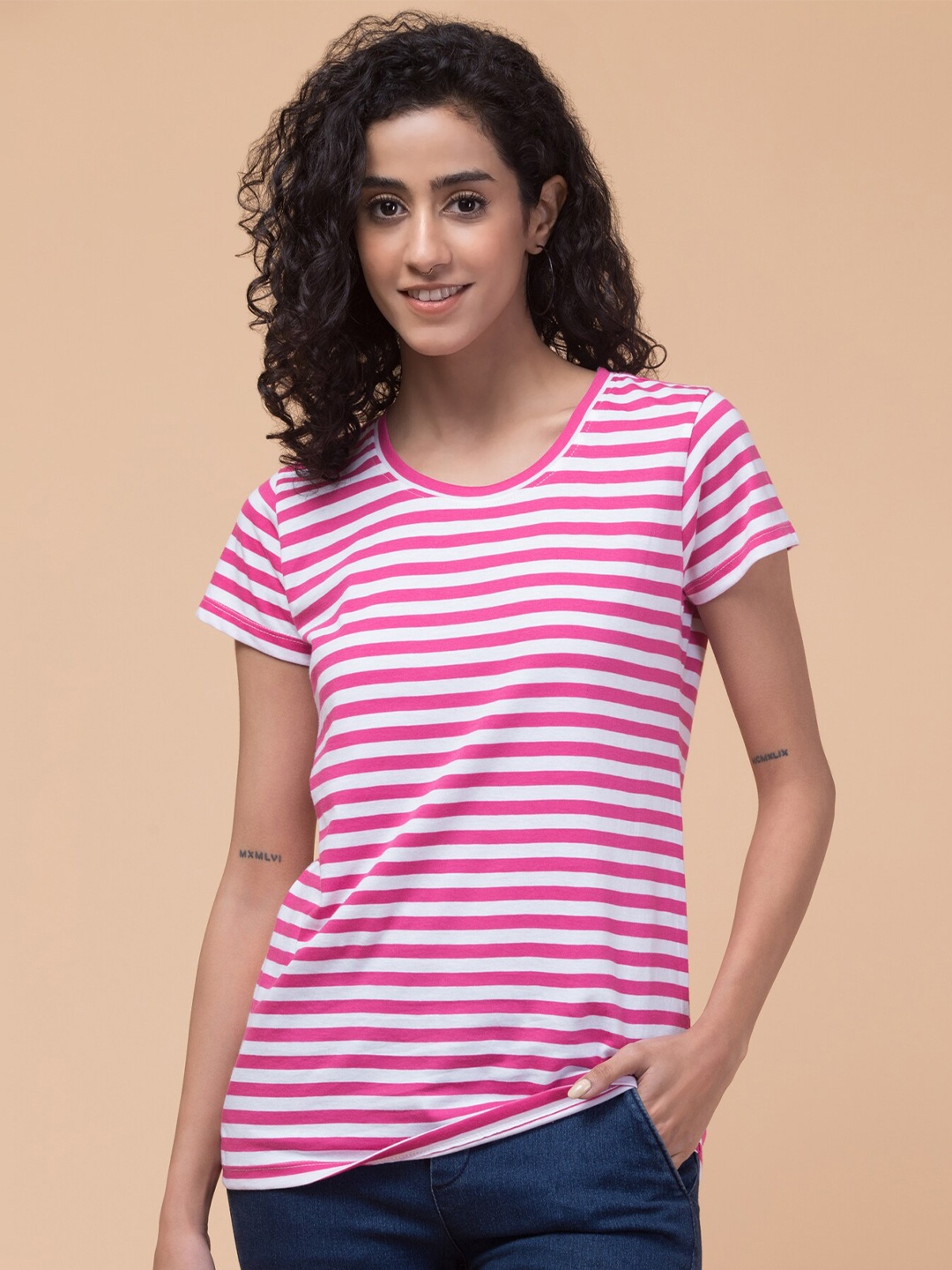 

BAESD Women Striped V-Neck Pockets T-shirt, Pink