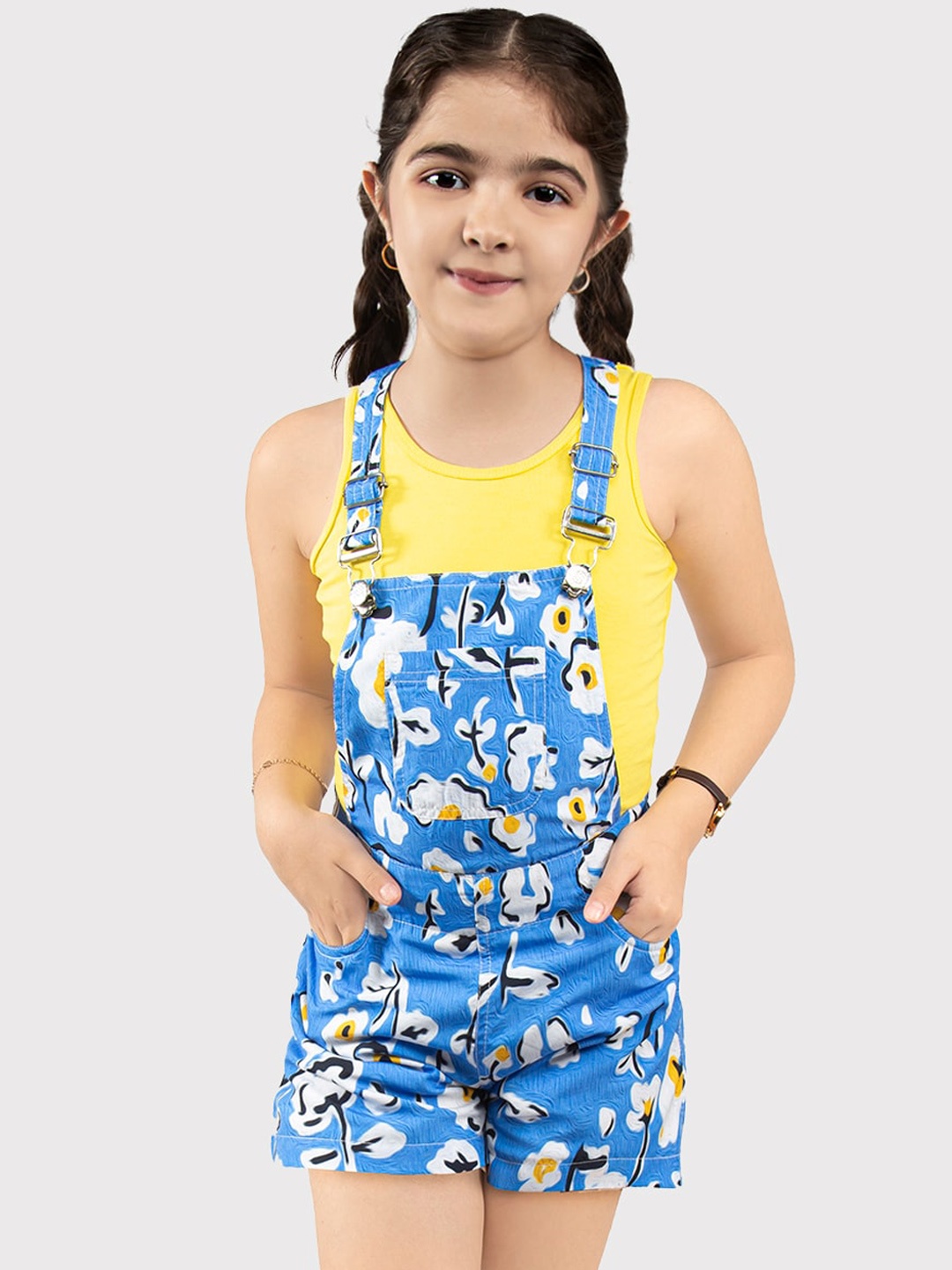 

BAESD Girls Floral Printed Dungaree With T-shirt, Blue