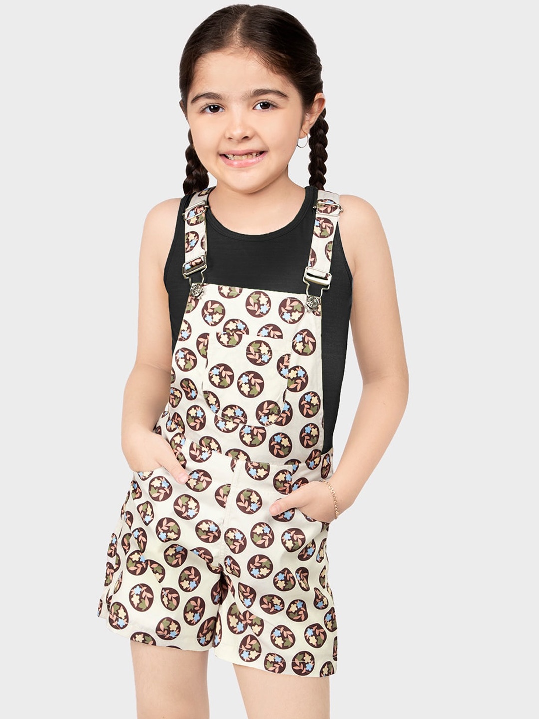 

BAESD Girls Printed Dungaree With T-shirt, Beige