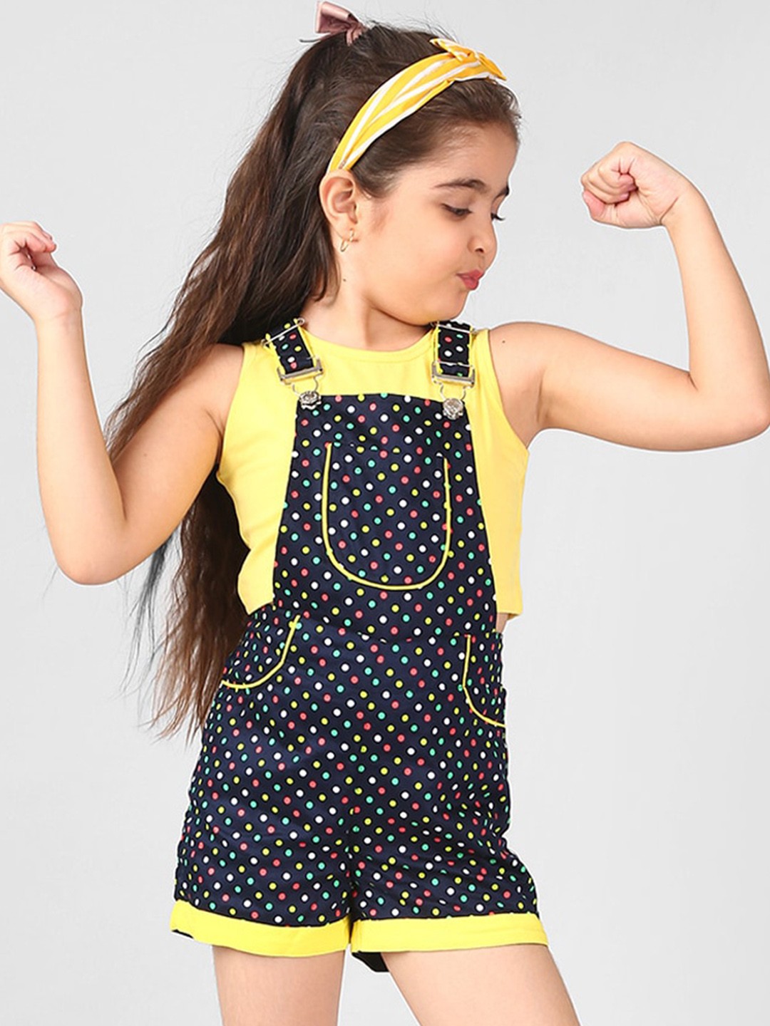 

BAESD Girls Polka Dot Printed Dungaree With T-shirt, Navy blue