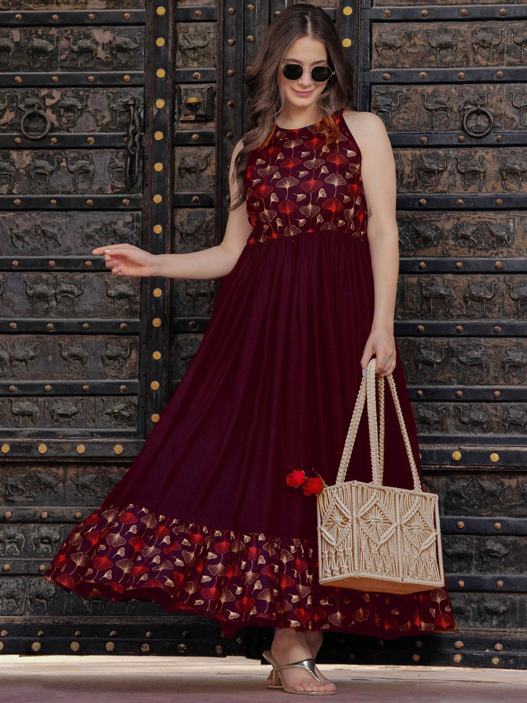 

PURSHOTTAM WALA Floral Maxi Dress, Maroon