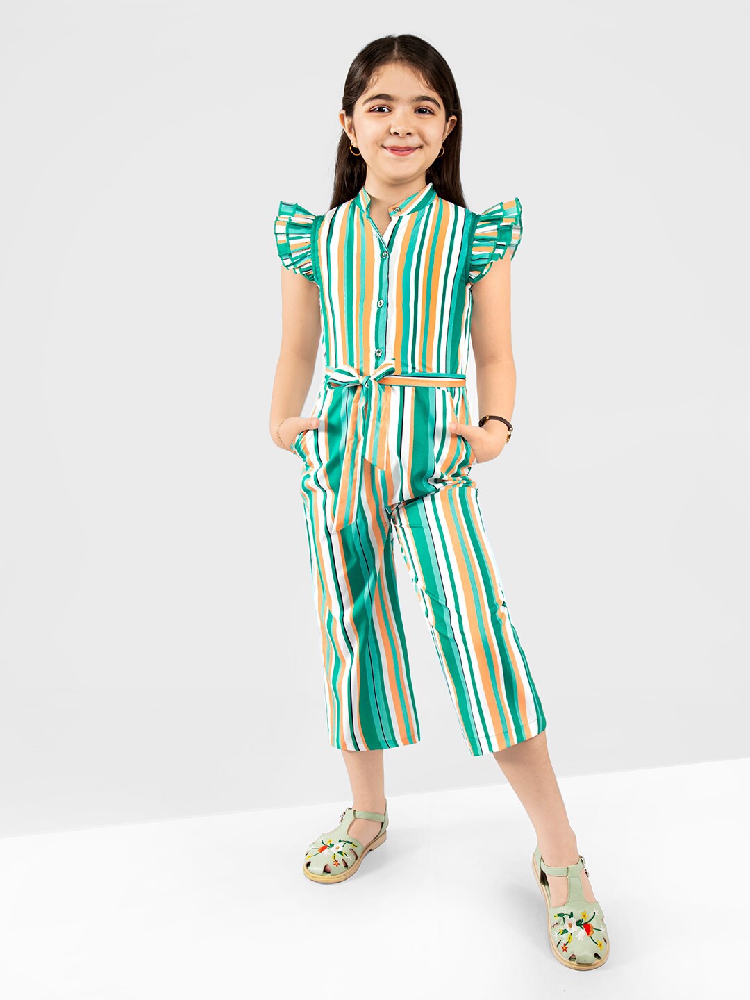 

BAESD Girls Striped Band Collar Ruffles Detailed Cropped Jumpsuit With Belt, Green