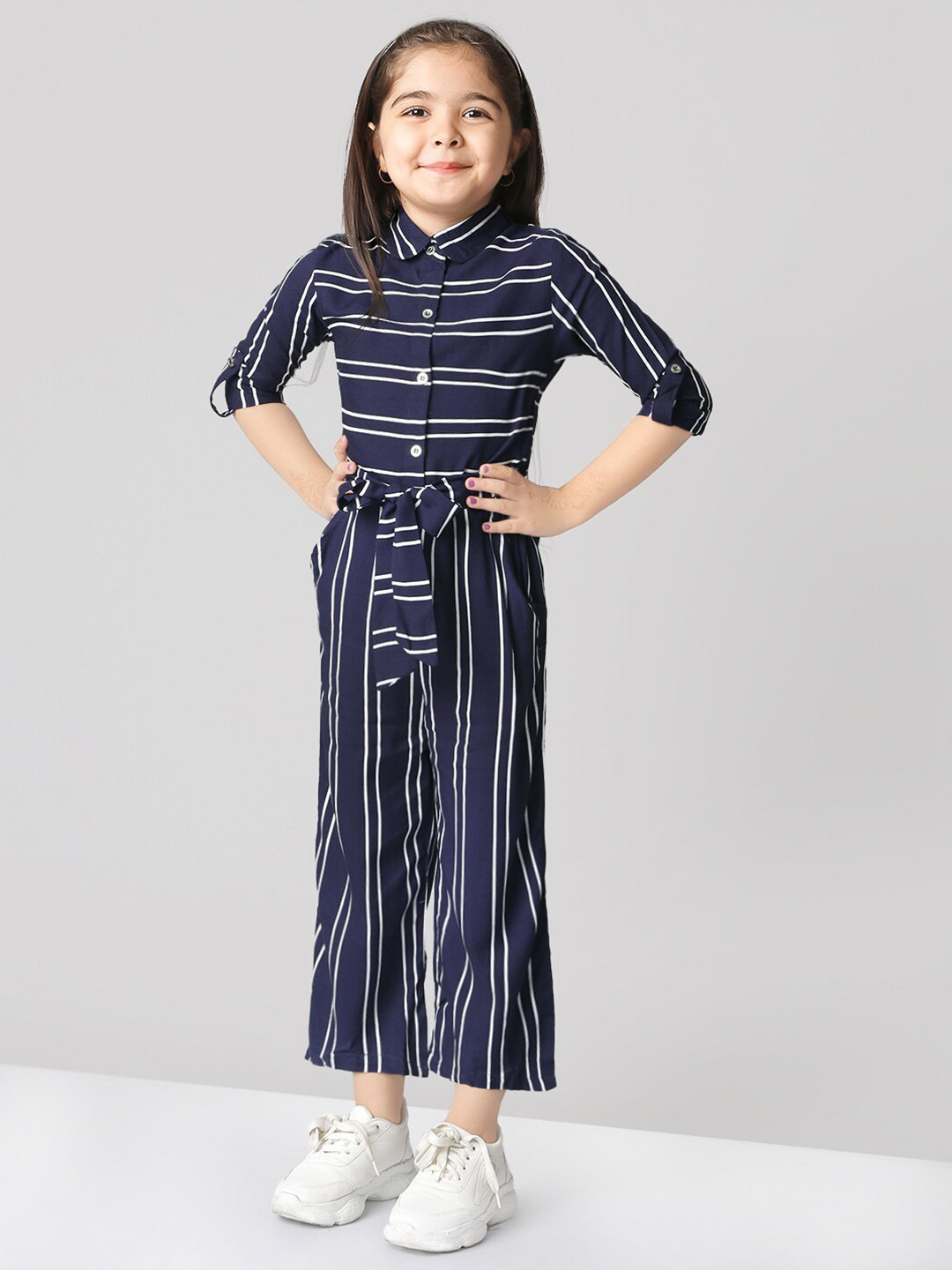 

BAESD Girls Striped Shirt Collar Jumpsuit With Belt, Navy blue