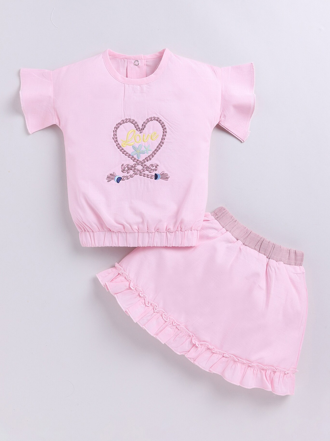 

BABY GO Girls Printed Pure Cotton Round Neck Short Sleeves Top with Short, Pink