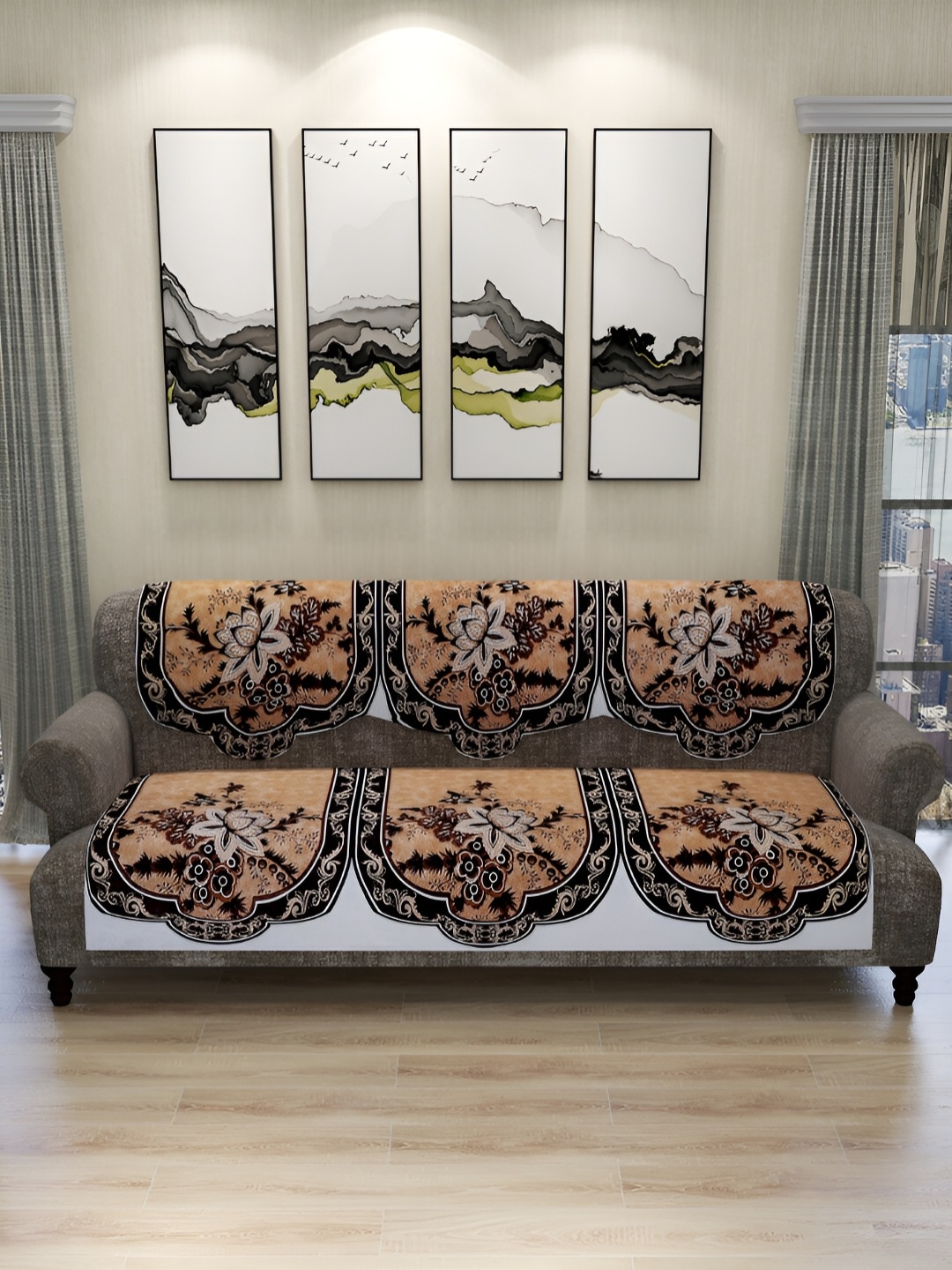

ROMEE Brown & Black 6 Pieces Floral Printed 5-Seater Velvet Sofa Cover