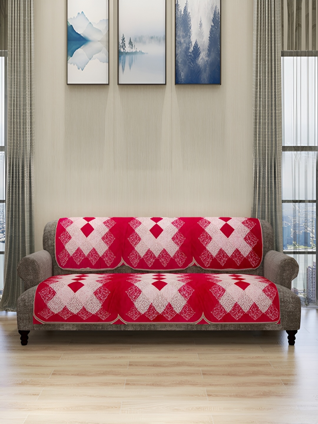 

ROMEE Pink & White 6 Pieces Geometric Printed 5-Seater Sofa Cover