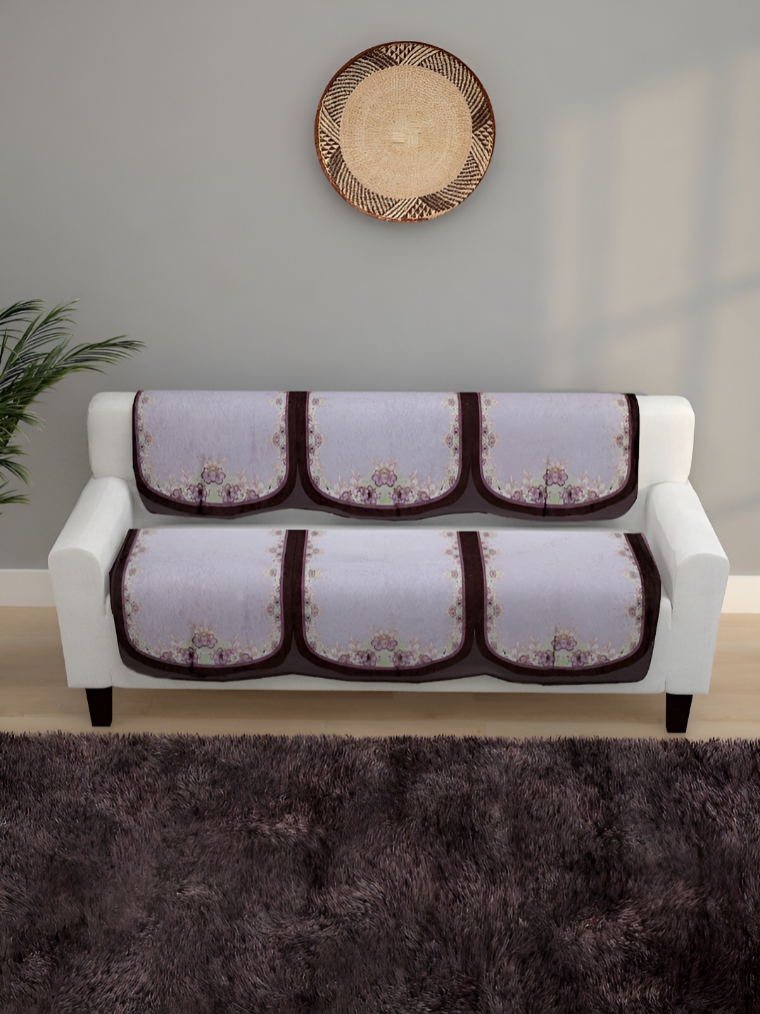 

ROMEE Off White & Purple 6 Pieces Floral Printed 5-Seater Sofa Cover