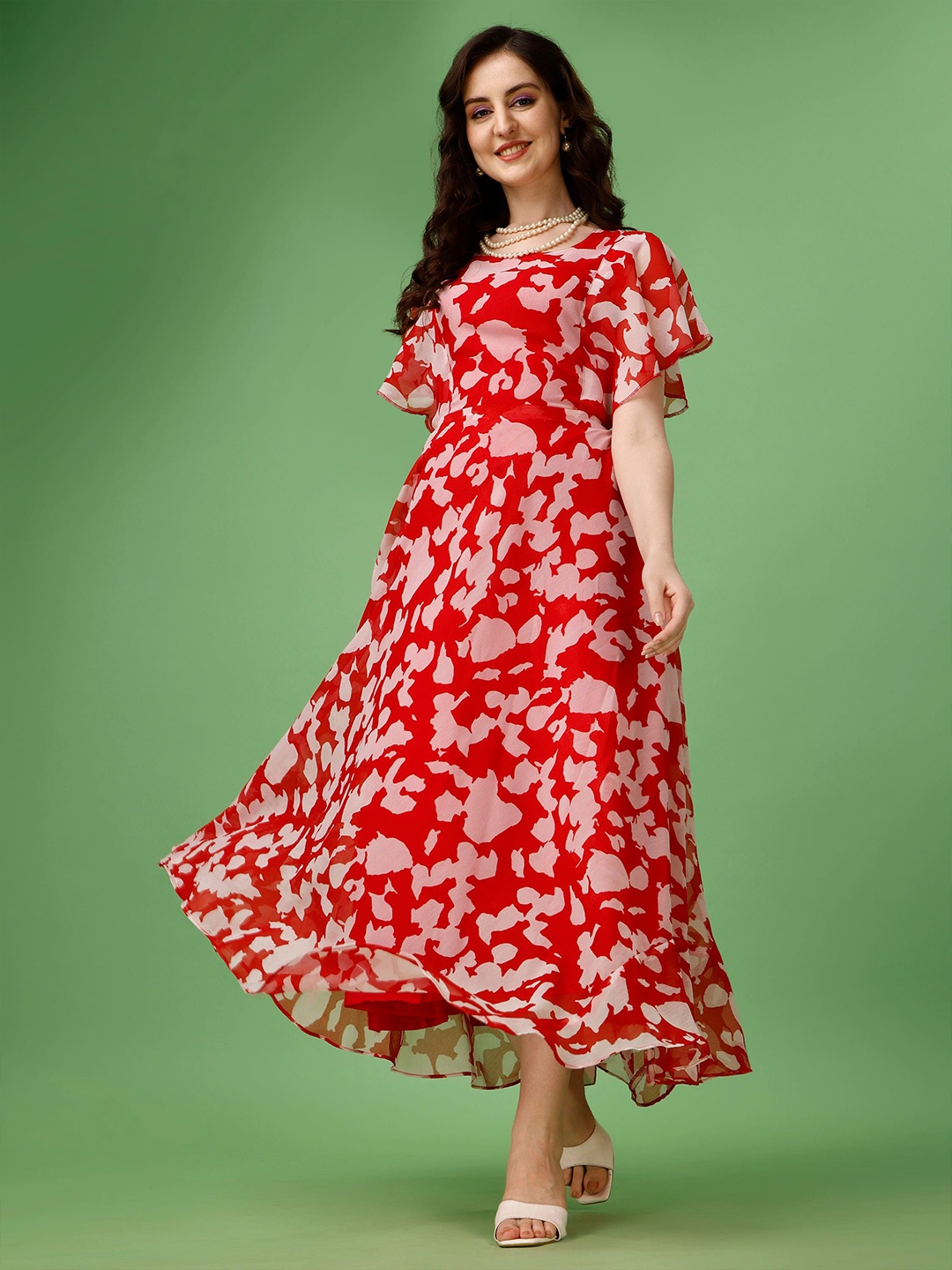

Fashion2wear Floral Print Flutter Sleeve Georgette Maxi Dress, Red