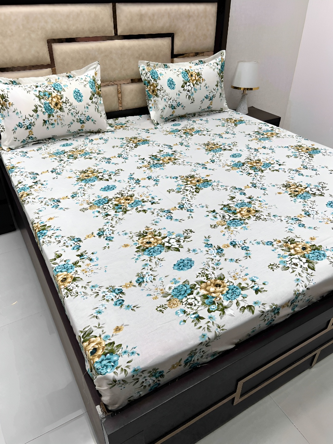 

Pure Decor White & Blue Floral Cotton 400 TC King Bedsheet with 2 Pillow Covers