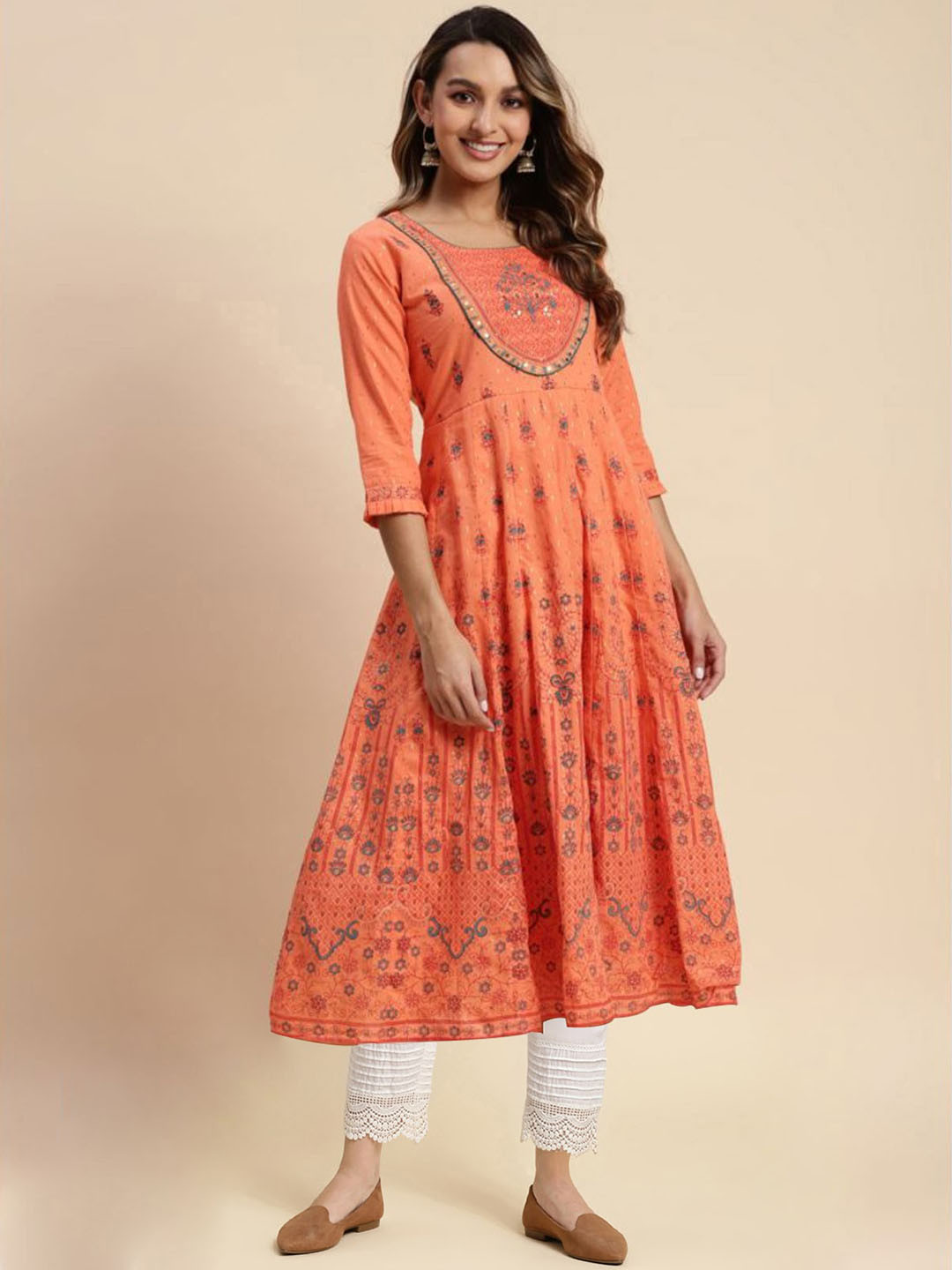 

Rangita Ethnic Motifs Printed Empire Sequinned Pure Cotton Kurta with Trousers, Orange