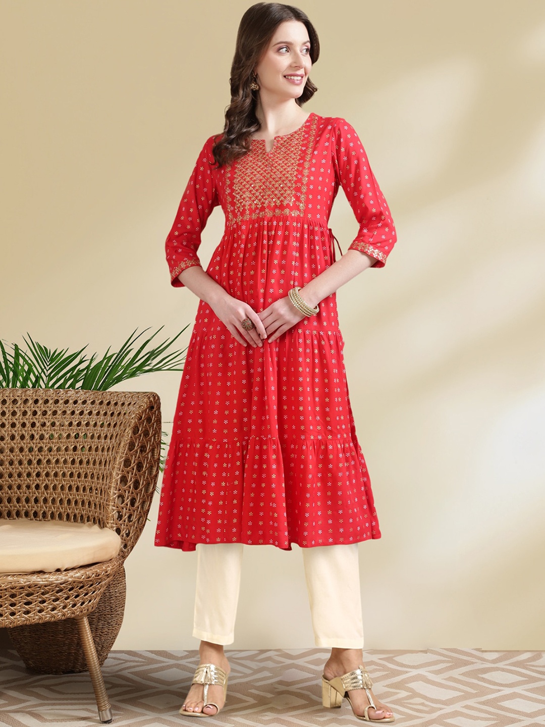 

Rangita Floral Printed Notch Neck Sequinned A-Line Tiered Kurta With Trousers, Red