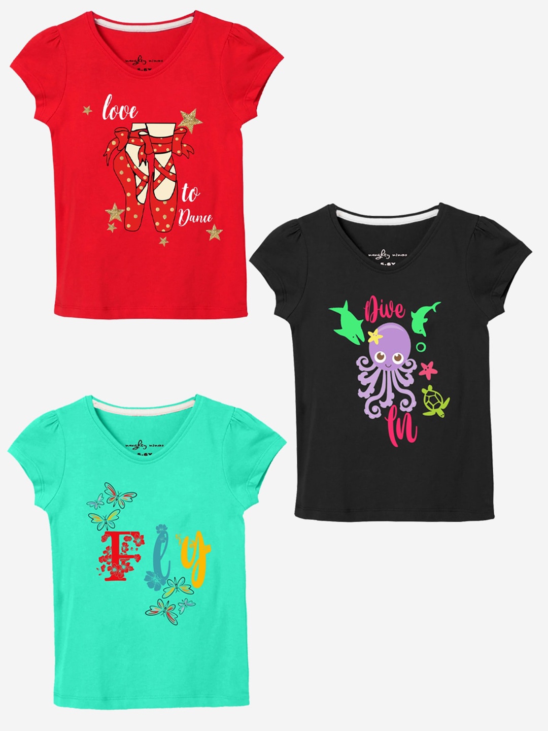 

BAESD Girls 3 Printed Extended Sleeves Applique T-shirt, Multi