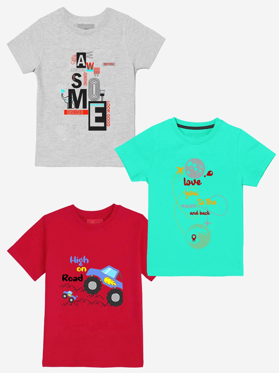 

BAESD Boys Typography 3 Printed Pure Cotton Applique T-shirt, Multi