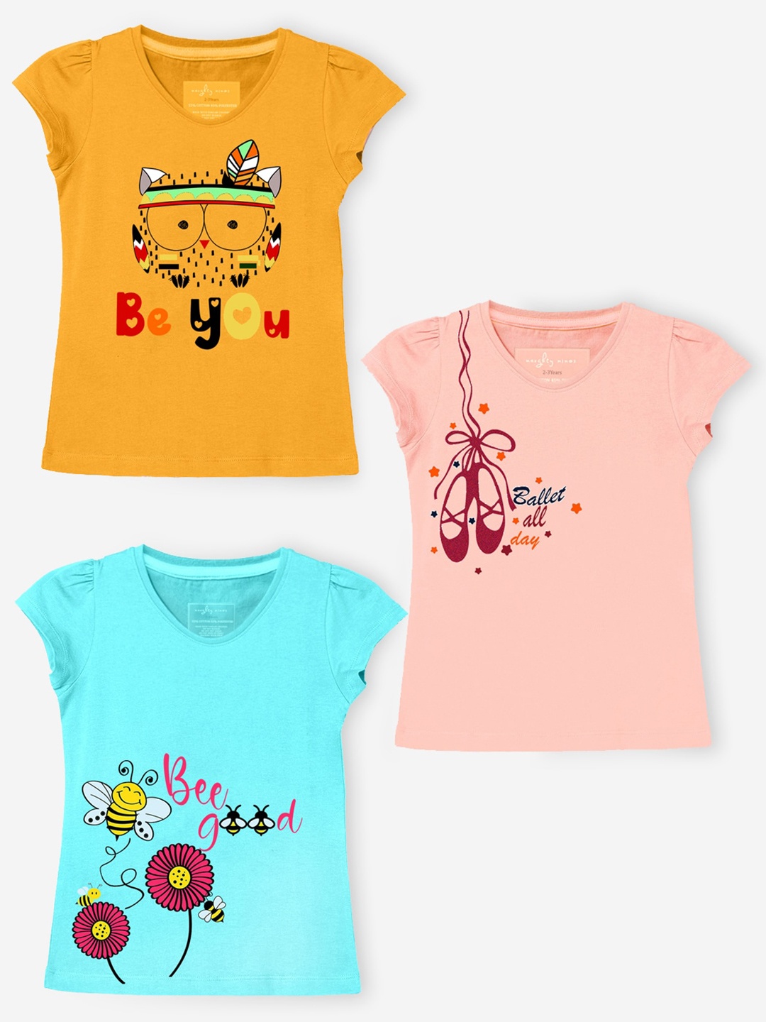 

BAESD Girls Pack Of 3 Printed Round Neck Cotton T-shirt, Multi