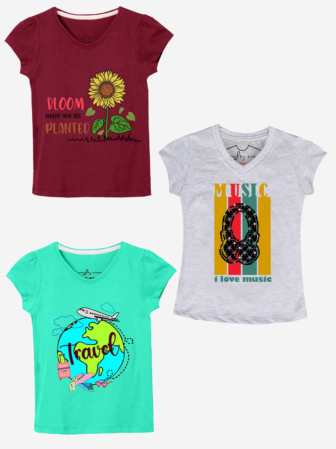 

BAESD Girls Typography 3 Printed Applique T-shirt, Multi