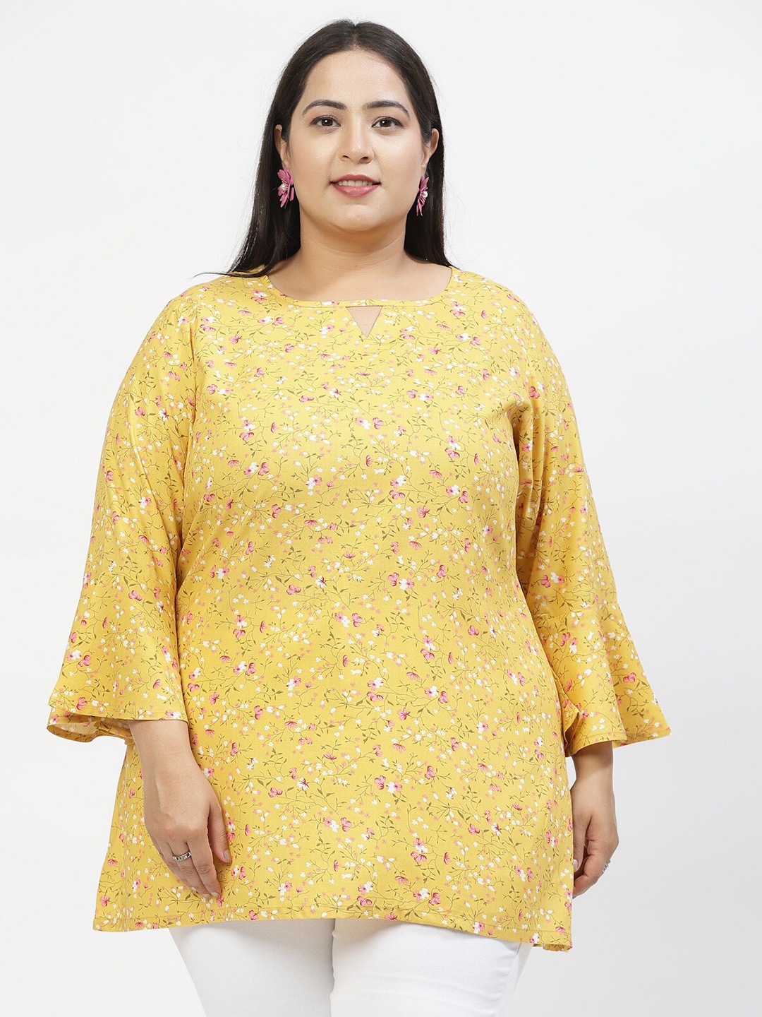 

plusS Floral Print Flared Sleeve Longline Top, Mustard