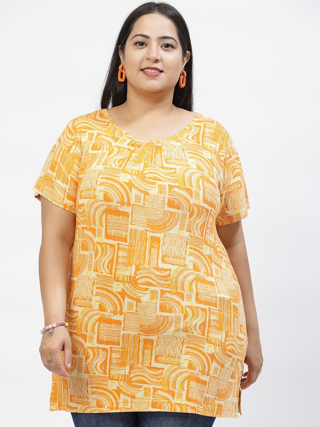 

plusS Women Typography Printed V-Neck Pockets T-shirt, Orange