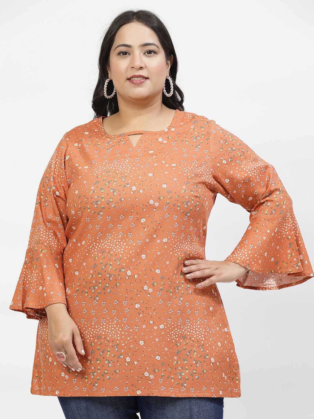 

plusS Floral Print Bell Sleeve Top, Orange