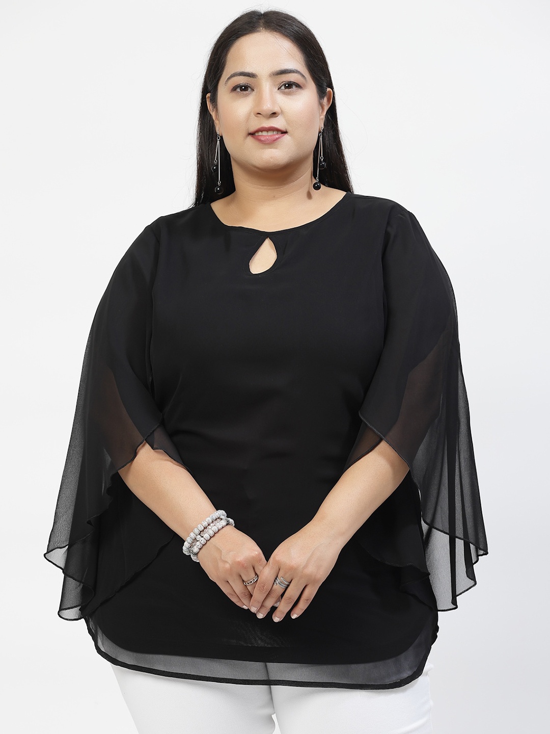 

plusS Keyhole Neck Cape Sleeve Cape Top, Black