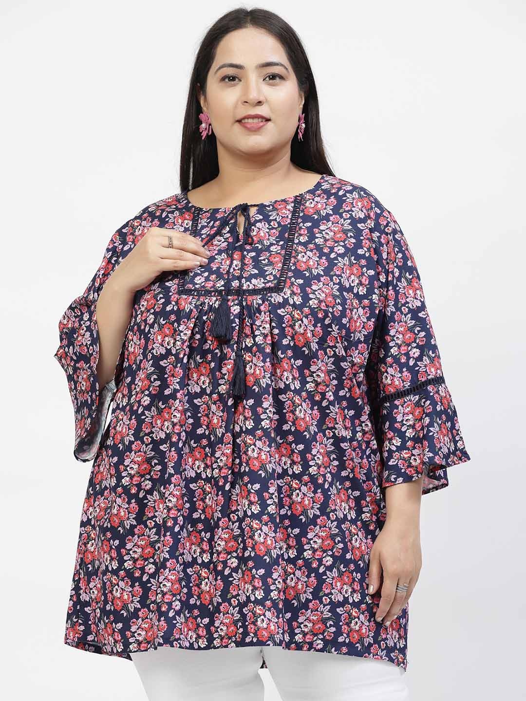 

plusS Floral Print Tie-Up Neck Bell Sleeve Top, Blue