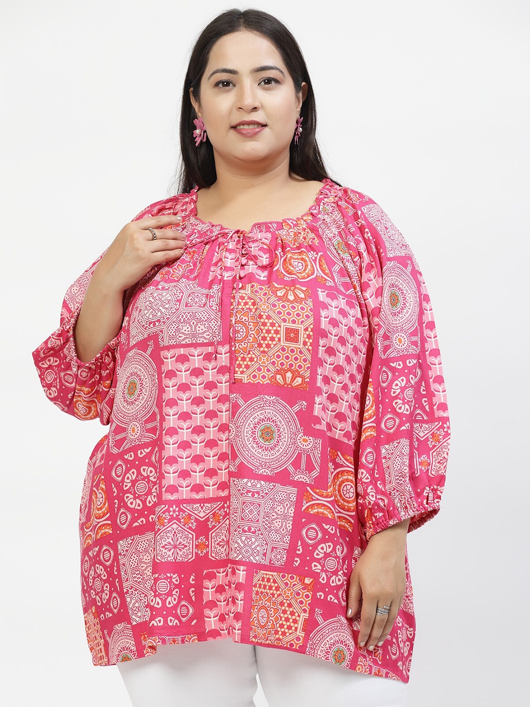 

plusS Print Tie-Up Neck Puff Sleeve Top, Pink