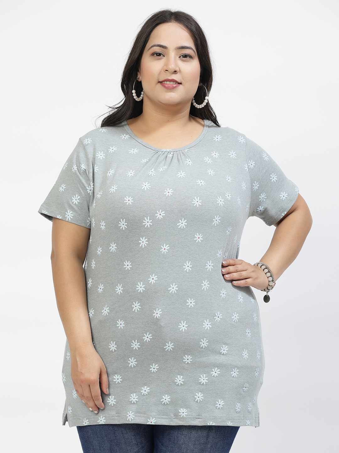 

plusS Women Printed Drop-Shoulder Sleeves Raw Edge T-shirt, Grey