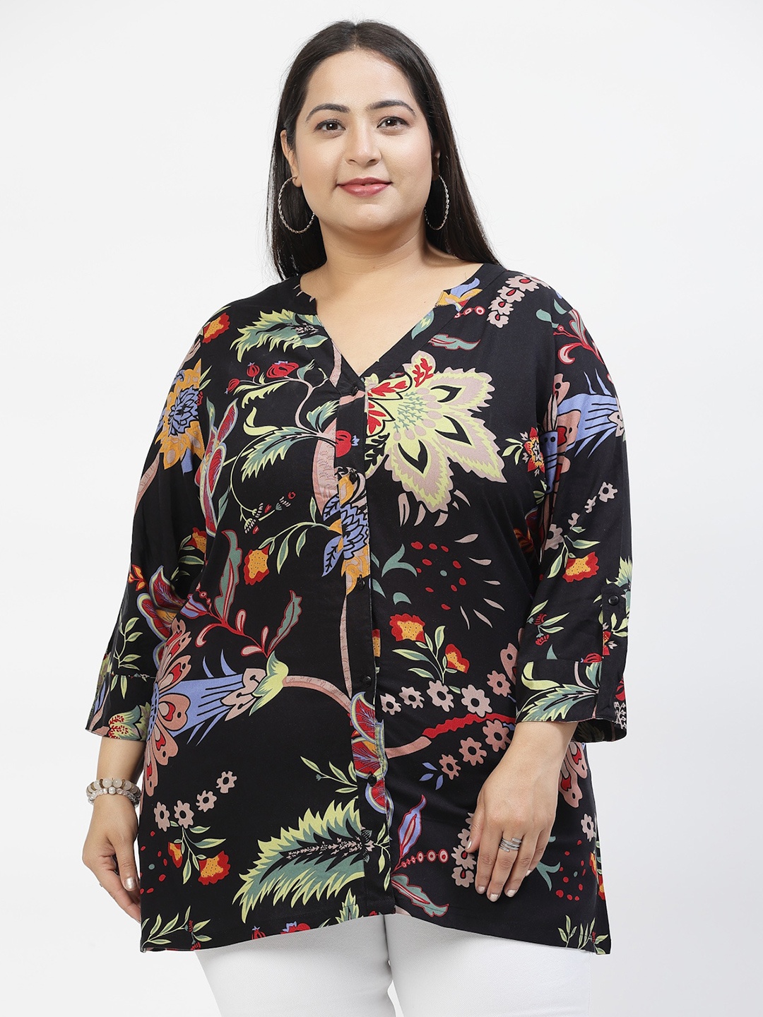 

plusS Floral Print Bell Sleeve Top, Black