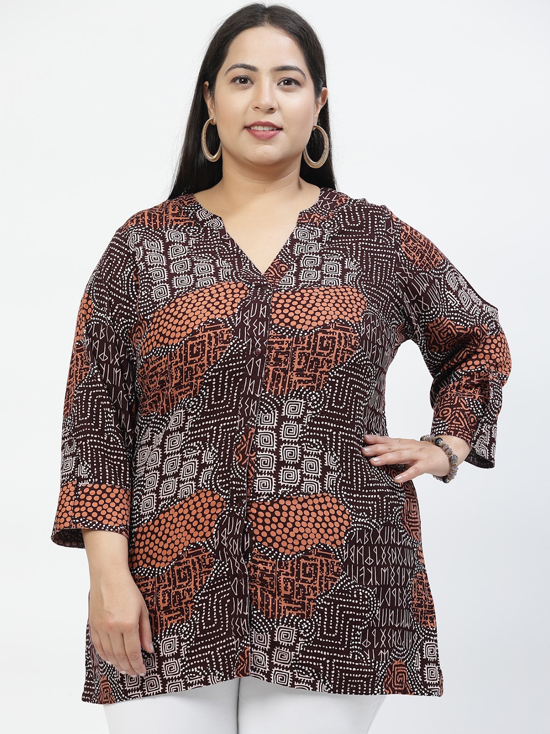

plusS Print Mandarin Collar Top, Brown