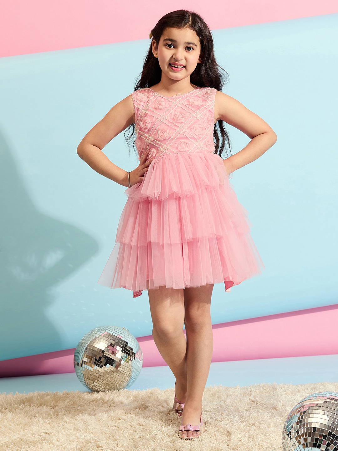 

Stylo Bug Girls Net Fit & Flare Sleeveless Dress, Pink