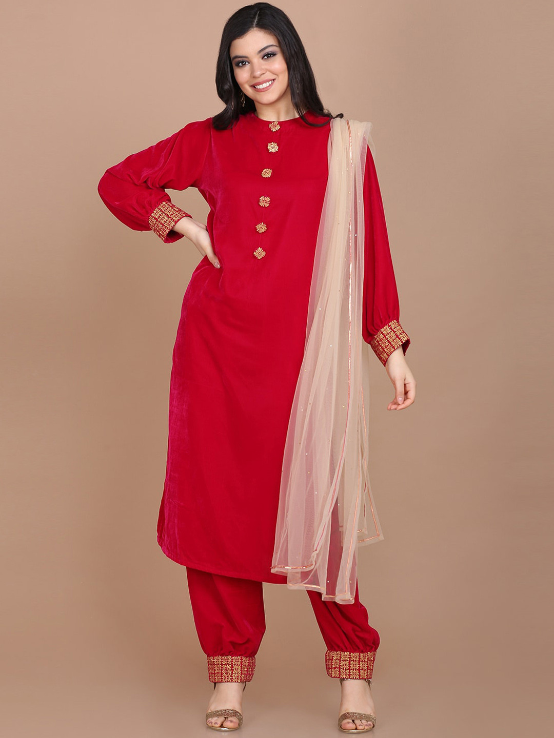 

KALINI Round Neck Gotta Patti Velvet Kurta with Trousers & Dupatta, Pink