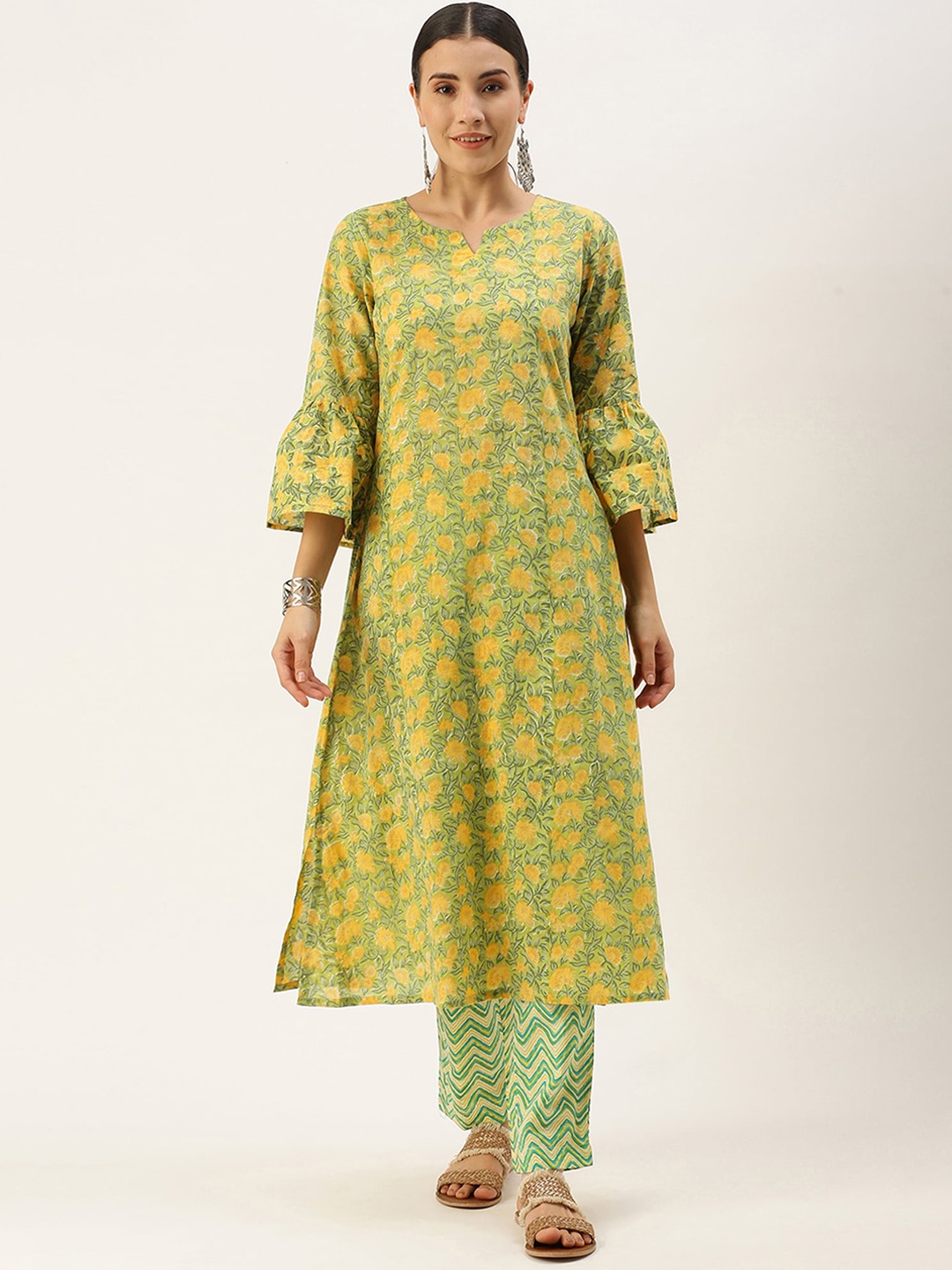 

KALINI Floral Printed Notched Neck Gotta Patti Kurta with Palazzos, Green