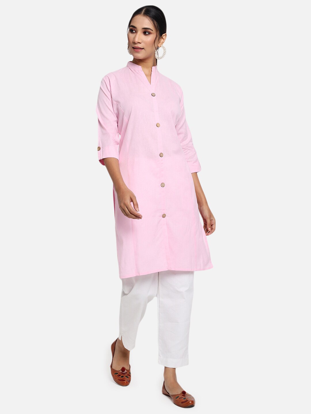 

KALINI Mandarin Collar Cotton Kurta, Pink